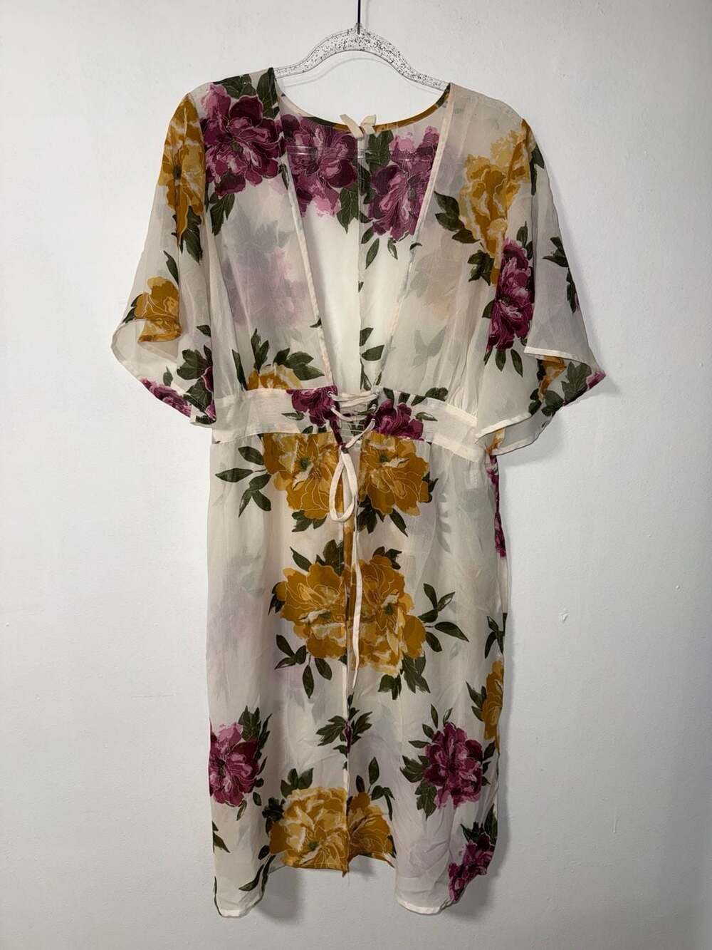 Feathers Floral Lace-Up Tunic Kimono Size 1X